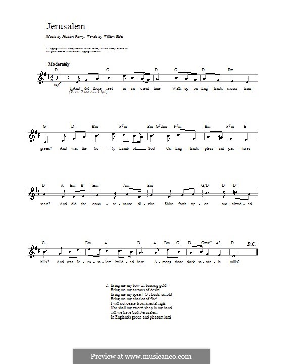 Jerusalem (Hubert Parry): Melodie, Text und Akkorde by William Blake