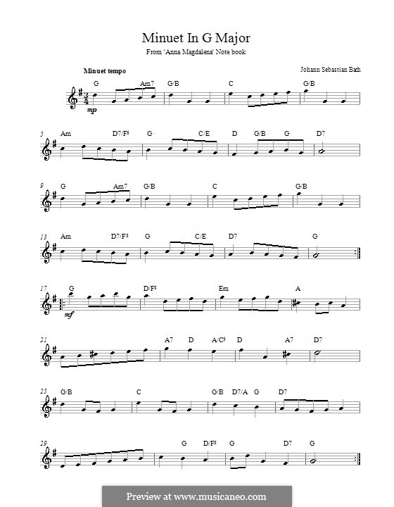 Nr.4 Menuett in G-Dur, BWV Anh.114: Melodie, Text und Akkorde by Johann Sebastian Bach