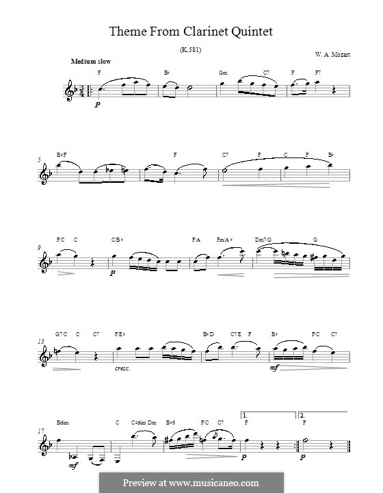 Quintett für Klarinette und Streicher in A-Dur, K.581: Movement II. Melody line and chords by Wolfgang Amadeus Mozart