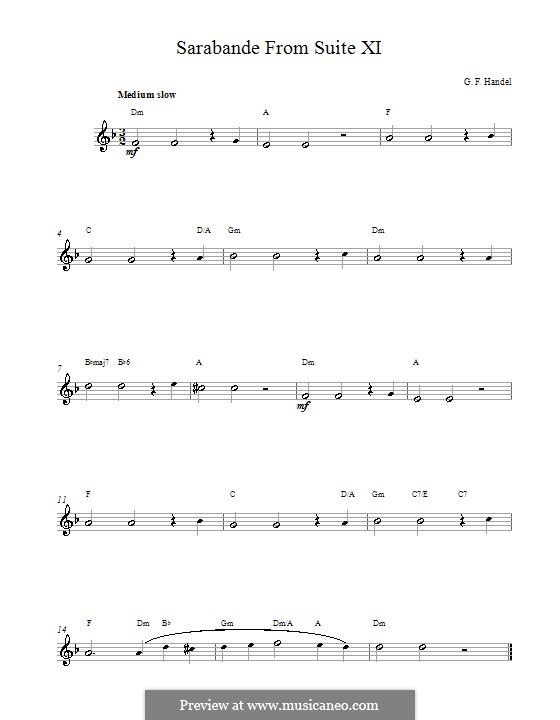 Suite Nr.4 in d-Moll, HWV 437: Sarabande. Melodische Linie mit Akkorde by Georg Friedrich Händel