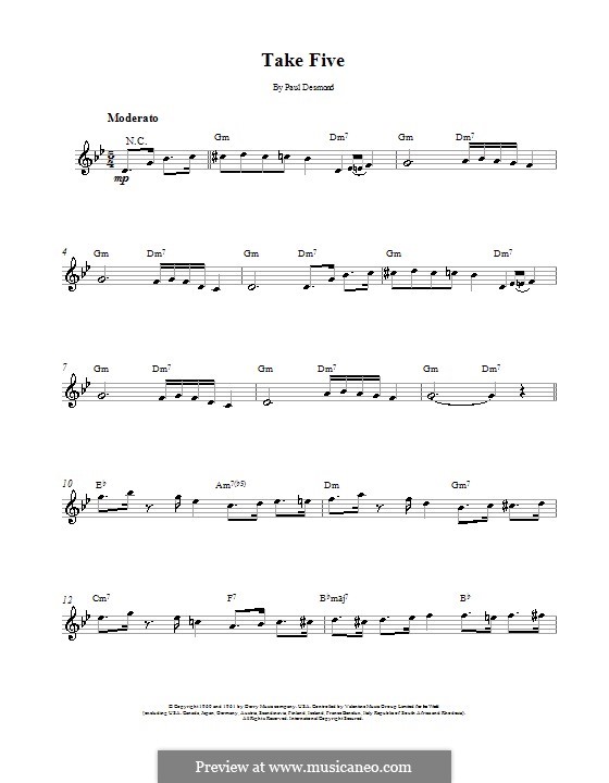 Take Five (Dave Brubeck): Melodie und Akkorde - Instrumente in C by Paul Desmond