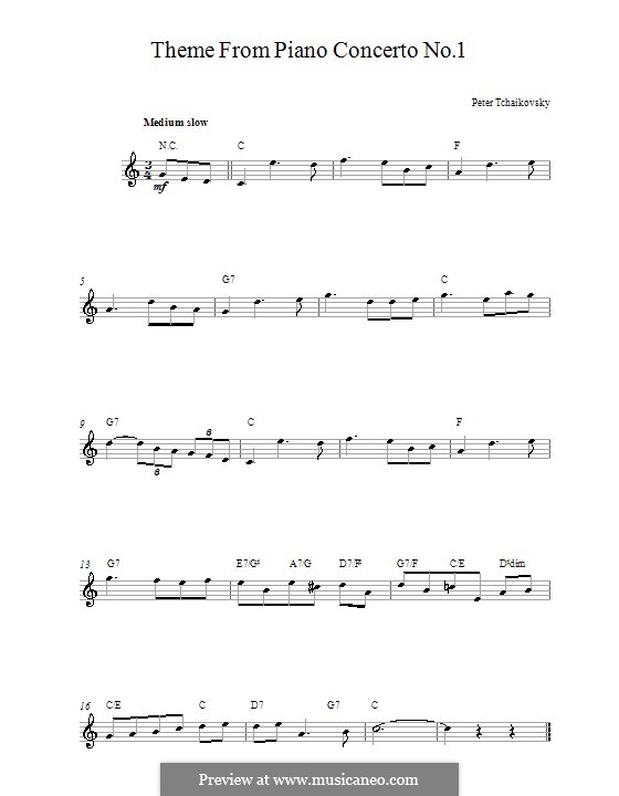 Konzert für Klavier und Orchester Nr.1 in b-Moll, TH 55 Op.23: Movement I (Theme). Melody line and chords by Pjotr Tschaikowski