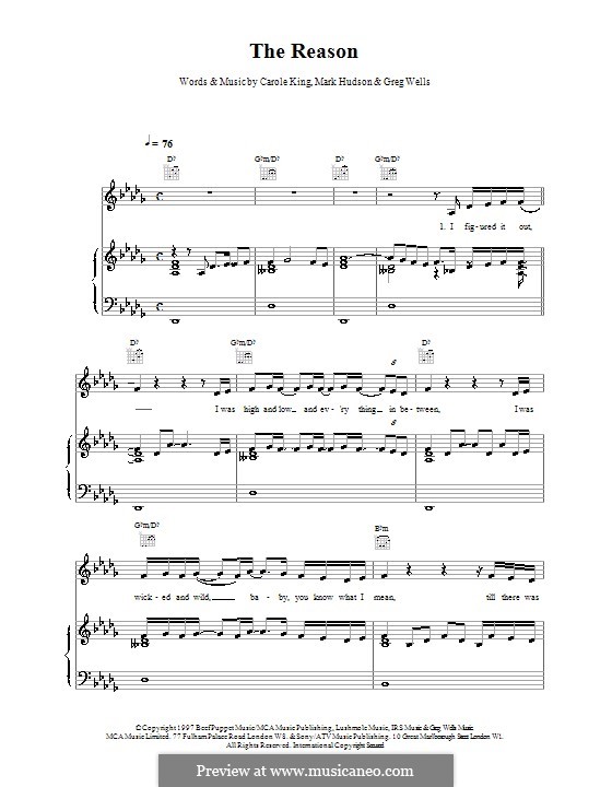 The Reason (Celine Dion): Für Stimme und Klavier (oder Gitarre) by Carole King, Greg Wells, Mark Jeffrey Hudson
