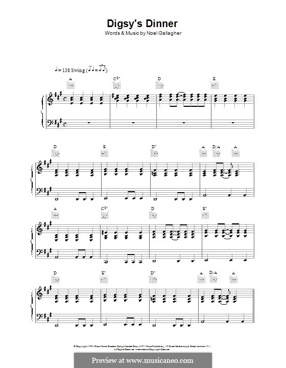 Digsy's Dinner (Oasis): Für Stimme und Klavier (oder Gitarre) by Noel Gallagher