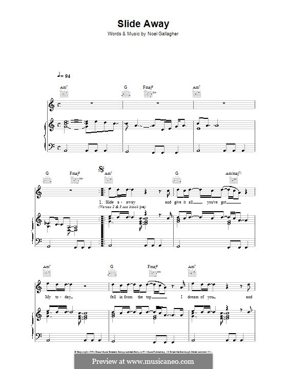 Slide Away (Oasis): Für Stimme und Klavier (oder Gitarre) by Noel Gallagher