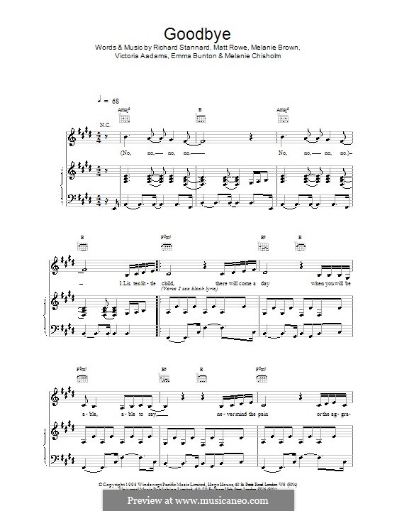 Goodbye (The Spice Girls): Für Stimme und Klavier (oder Gitarre) by Emma Bunton, Matt Rowe, Melanie Brown, Melanie C, Richard Stannard, Victoria Adams