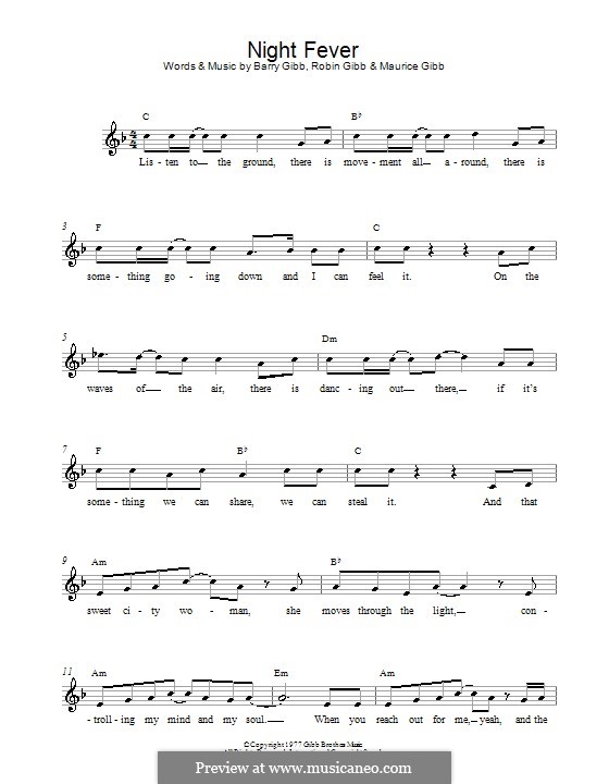 Night Fever (The Bee Gees): Melodie, Text und Akkorde by Barry Gibb, Maurice Gibb, Robin Gibb