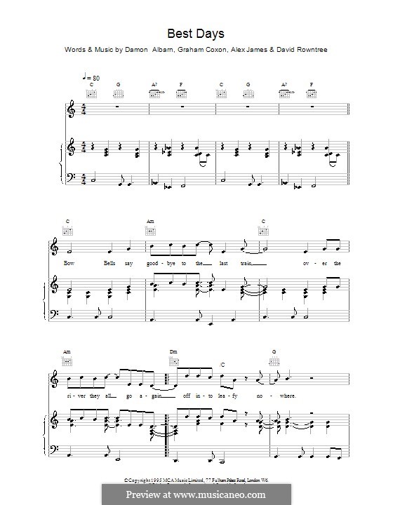 Best Days (Blur): Für Stimme und Klavier (oder Gitarre) by Alex James, Damon Albarn, David Rowntree, Graham Coxon