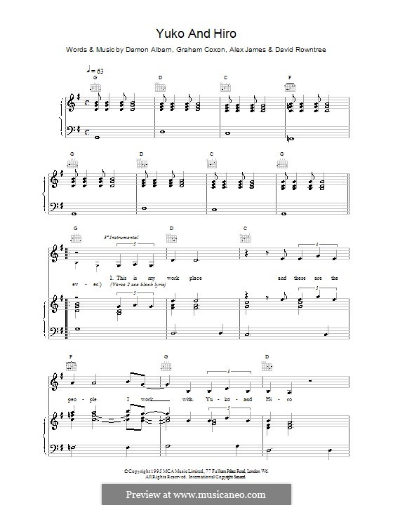Yuko and Hiro (Blur): Für Stimme und Klavier (oder Gitarre) by Alex James, Damon Albarn, David Rowntree, Graham Coxon
