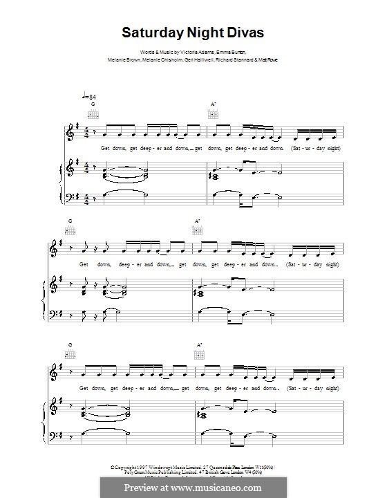 Saturday Night Divas (The Spice Girls): Für Stimme und Klavier (oder Gitarre) by Emma Bunton, Geri Halliwell, Matt Rowe, Melanie Brown, Melanie C, Richard Stannard, Victoria Adams