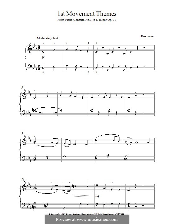 Konzert für Klavier und Orchester Nr.3, Op.37: Teil I (Thema). Version für Klavier by Ludwig van Beethoven
