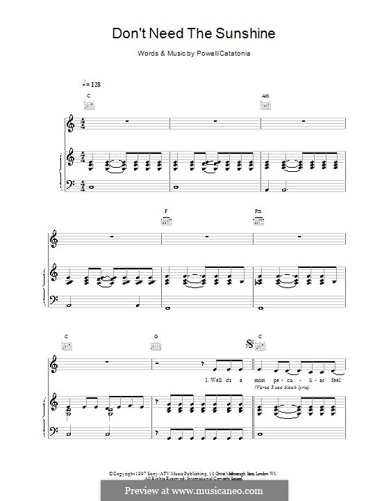 Don't Need the Sunshine (Catatonia): Für Stimme und Klavier (oder Gitarre) by Aled Richards, Cerys Matthews, Mark Roberts, Owen Powell, Paul H. Jones