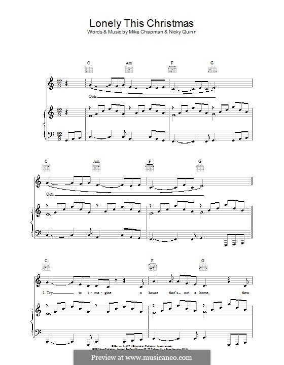 Lonely This Christmas (Mud): Für Stimme und Klavier (oder Gitarre) by Mike Chapman, Nicky Chinn