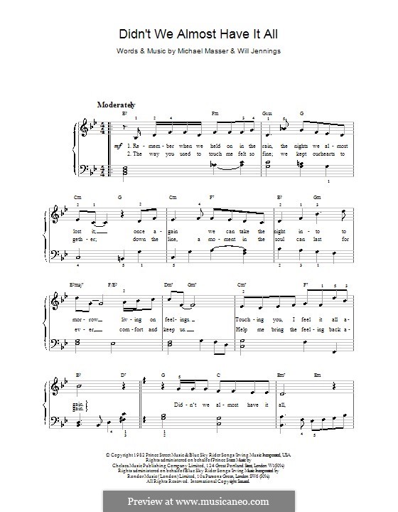 Didn't We Almost Have It All (Whitney Houston): Für Stimme und Klavier (oder Gitarre) by Michael Masser, Will Jennings