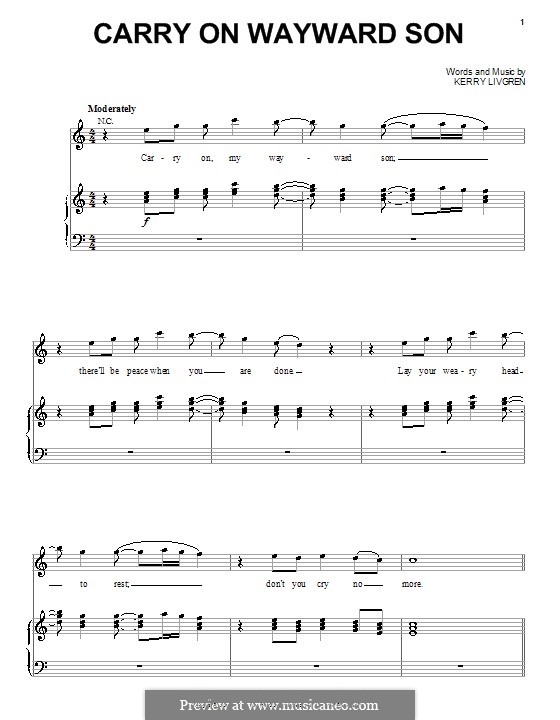 Carry on Wayward Son (Kansas): Für Stimme und Klavier (oder Gitarre) by Kerry Livgren