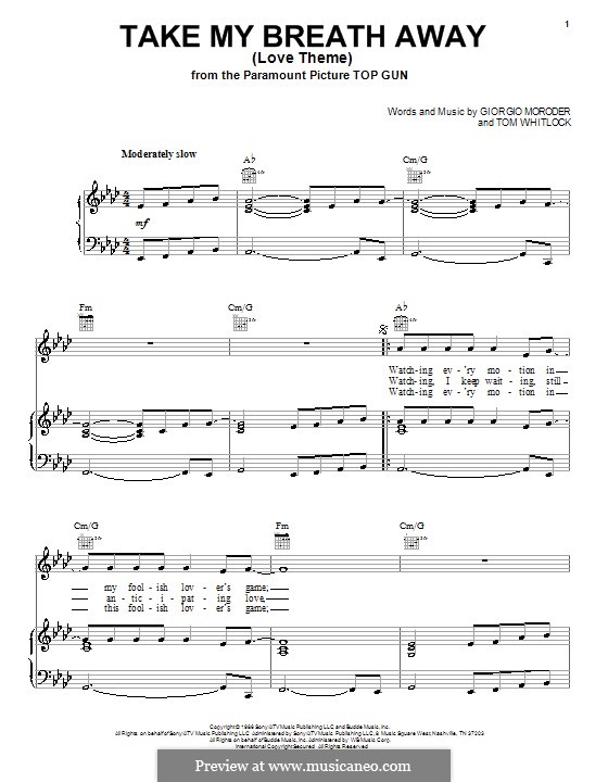 Take My Breath Away (Berlin): Für Stimme und Klavier (oder Gitarre) by Giorgio Moroder