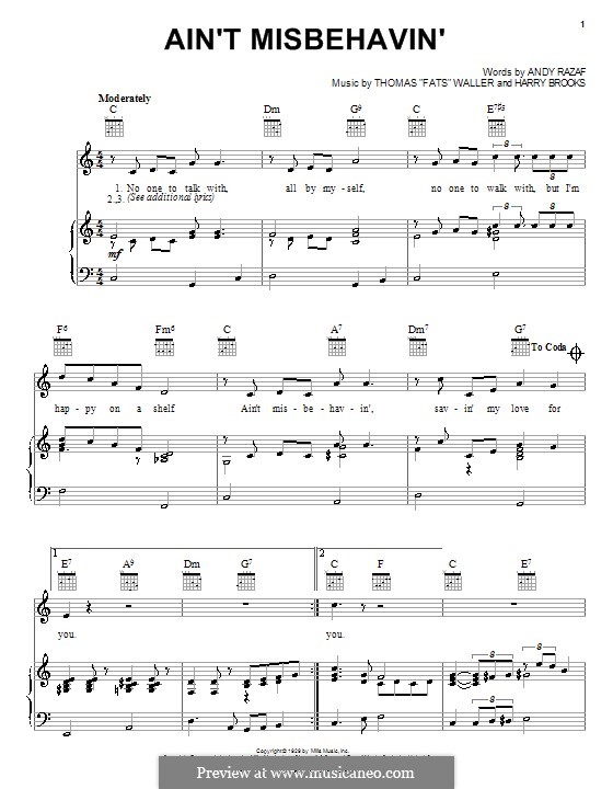 Ain't Misbehavin': Für Stimme und Klavier (oder Gitarre) by Fats Waller, Harry Brooks