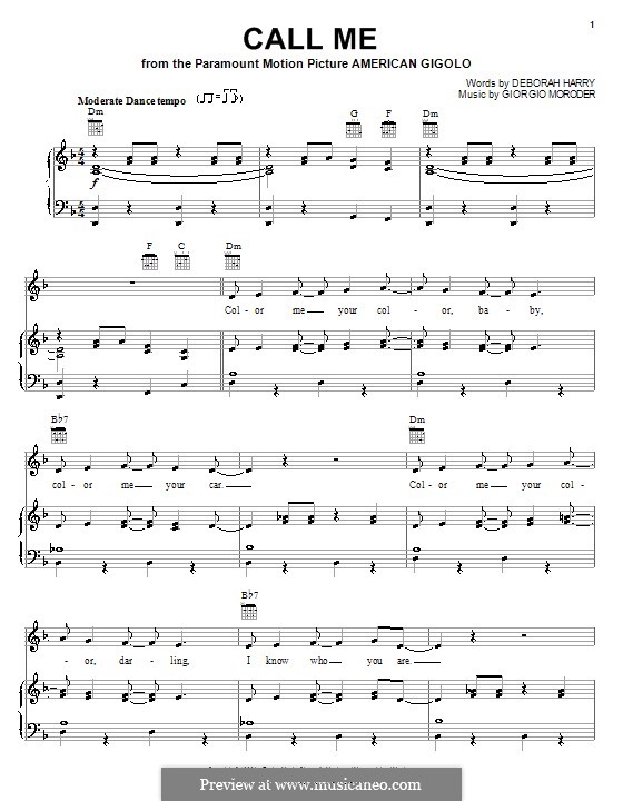 Call Me (Blondie): Für Stimme und Klavier (oder Gitarre) by Deborah Harry, Giorgio Moroder