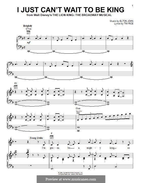 I Just Can't Wait To Be King (from The Lion King): Für Stimme und Klavier (oder Gitarre) by Elton John