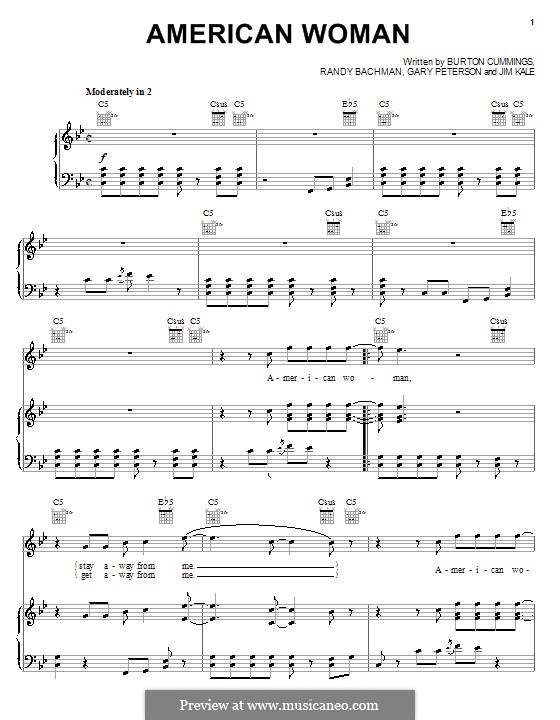 American Woman (Lenny Kravitz): Für Stimme und Klavier (oder Gitarre) by Burton Cummings, Garry Peterson, Jim Kale, Randy Bachman
