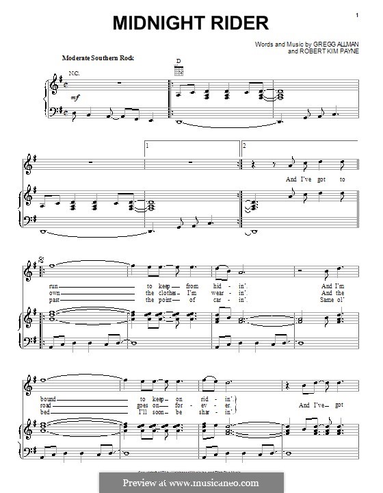 Midnight Rider (The Allman Brothers Band): Für Stimme und Klavier (oder Gitarre) by Gregg Allman, Robert Kim Payne