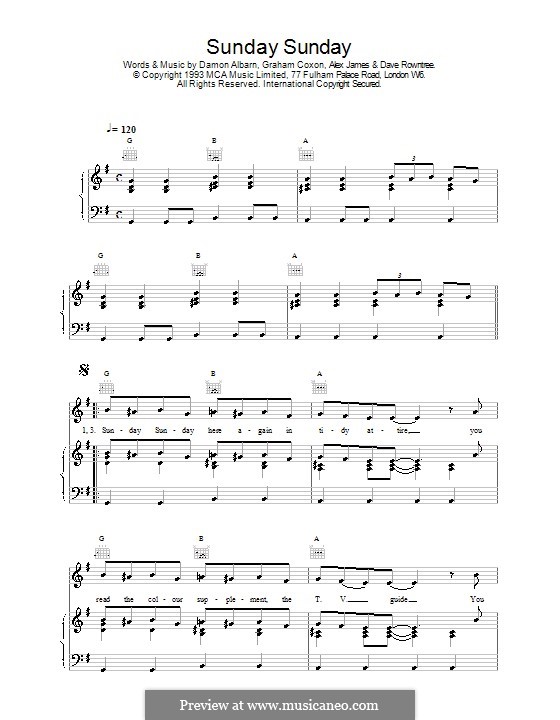 Sunday Sunday (Blur): Für Stimme und Klavier (oder Gitarre) by Alex James, Damon Albarn, David Rowntree, Graham Coxon