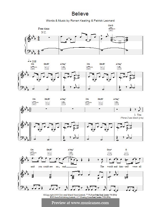 Believe: Für Stimme und Klavier (oder Gitarre) by Patrick Leonard, Ronan Keating