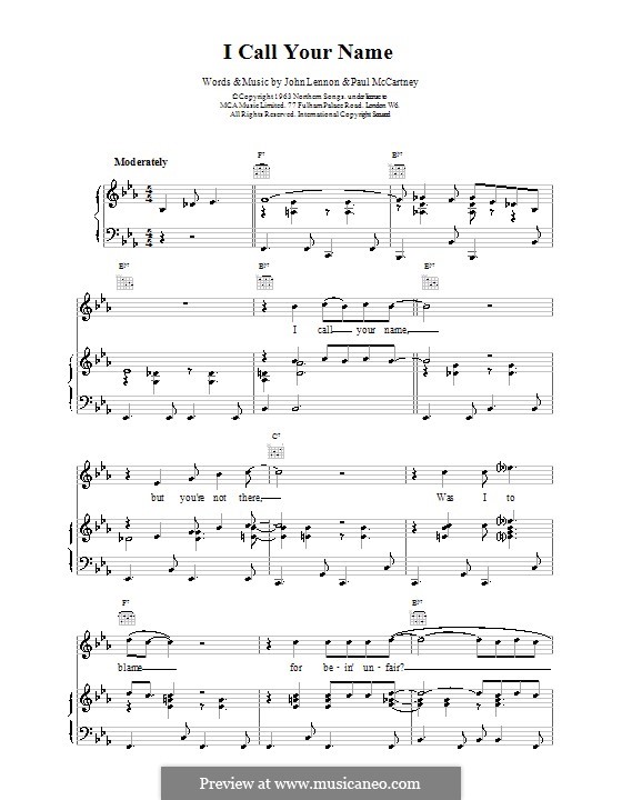 I Call Your Name (The Beatles): Für Stimme und Klavier (oder Gitarre) by John Lennon, Paul McCartney