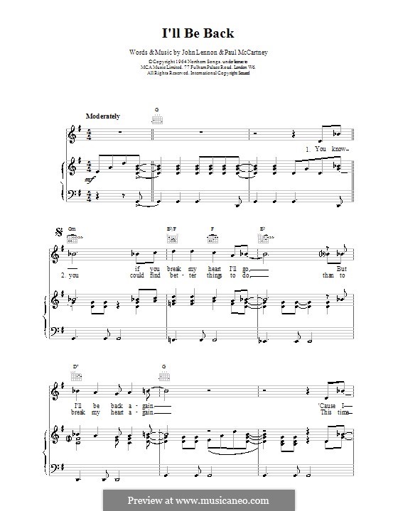 I'll Be Back (The Beatles): Für Stimme und Klavier (oder Gitarre) by John Lennon, Paul McCartney