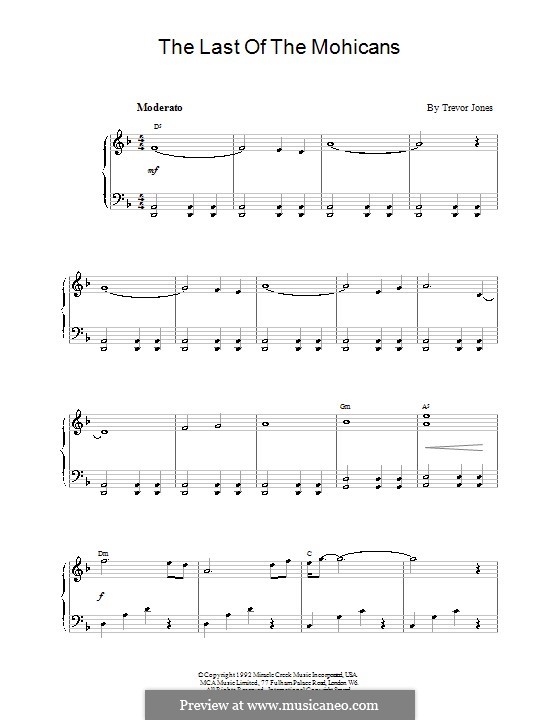 The Last of the Mohicans (Main Theme): Für Klavier, leicht by Trevor Jones
