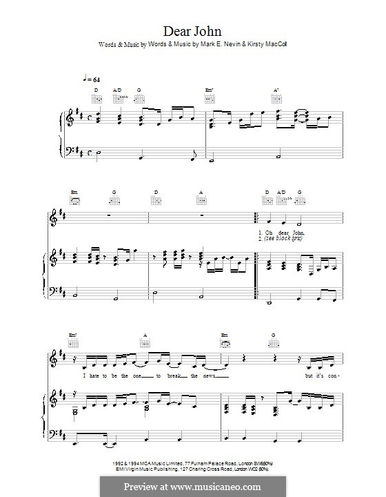 Dear John (Eddi Reader): Für Stimme und Klavier (oder Gitarre) by Kirsty MacColl, Mark E. Nevin