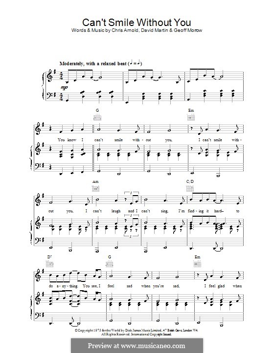 Can't Smile without You (Barry Manilow): Für Stimme und Klavier (oder Gitarre) by Chris Arnold, David Martin, Geoff Morrow