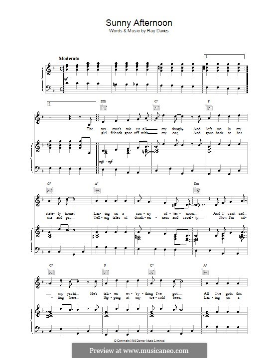 Sunny Afternoon (The Kinks): Für Stimme und Klavier (oder Gitarre) by Ray Davies
