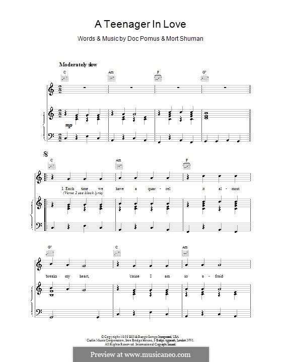 A Teenager in Love (Dion and The Belmonts): Für Stimme und Klavier (oder Gitarre) by Doc Pomus, Mort Shuman