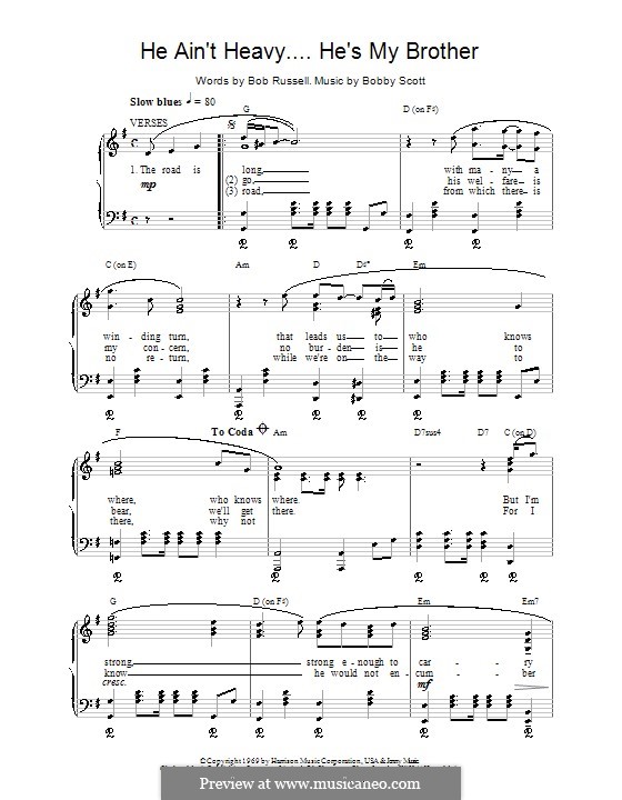 He Ain't Heavy, He's My Brother: Für Stimme und Klavier (oder Gitarre) by Bobby Scott