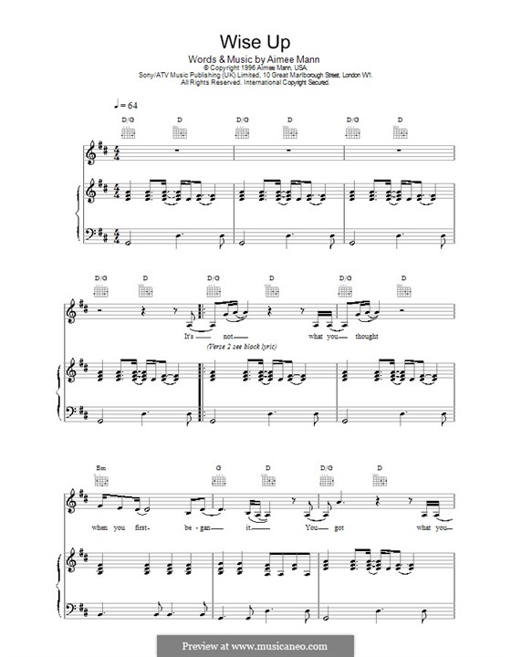 Wise Up (from Magnolia): Für Stimme und Klavier (oder Gitarre) by Aimee Mann