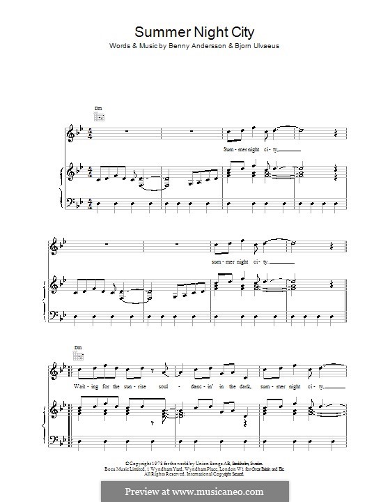 Summer Night City (ABBA): Für Stimme und Klavier (oder Gitarre) by Benny Andersson, Björn Ulvaeus