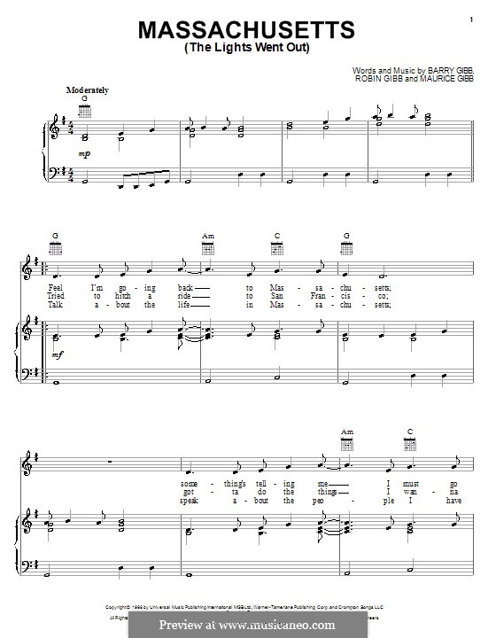 Massachusetts (The Lights Went Out): Für Stimme mit Klavier oder Gitarre (The Bee Gees) by Barry Gibb, Maurice Gibb, Robin Gibb