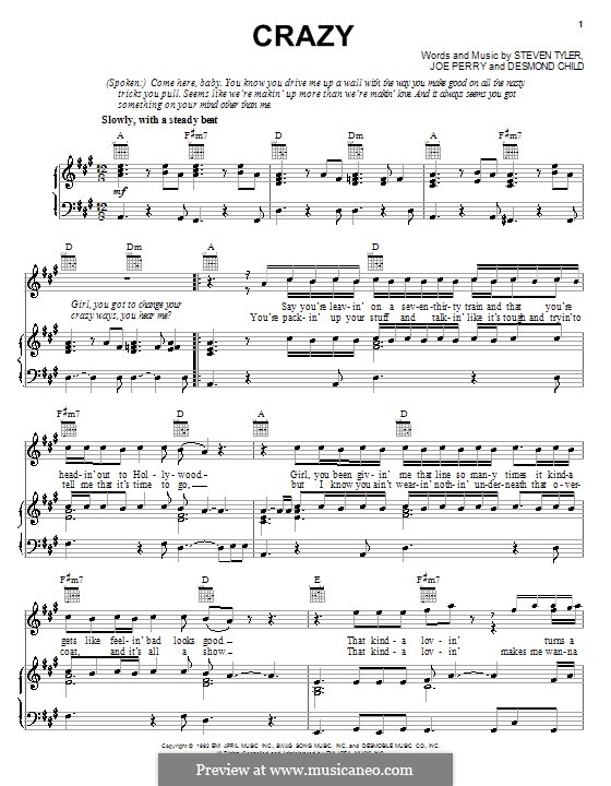 Crazy (Aerosmith): Für Stimme und Klavier (oder Gitarre) by Desmond Child, Joe Perry, Steven Tyler