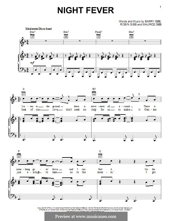 Night Fever (The Bee Gees): Für Stimme und Klavier (oder Gitarre) by Barry Gibb, Maurice Gibb, Robin Gibb