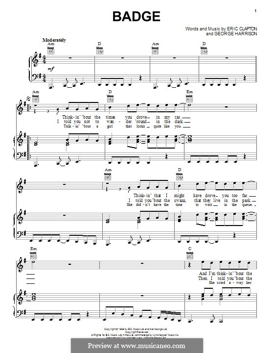 Badge (Cream): Für Stimme und Klavier (oder Gitarre) by Eric Clapton, George Harrison