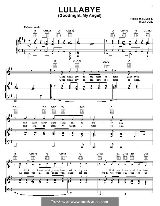 Lullabye (Goodnight, My Angel): Für Stimme und Klavier (oder Gitarre) by Billy Joel