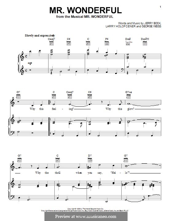 Mr. Wonderful (Peggy Lee): Für Stimme und Klavier (oder Gitarre) by George David Weiss, Jerry Bock, Larry Holofcener