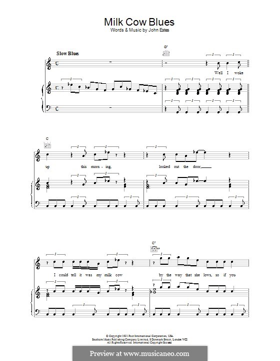 Milk Cow Blues: Für Stimme und Klavier (oder Gitarre) by John Estes