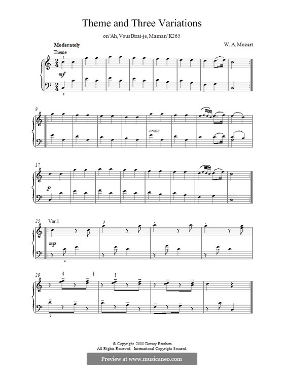 Zwölf Variationen über 'Ah vous dirais-je, Maman', K.265/300e: Thema und drei Variationen by Wolfgang Amadeus Mozart