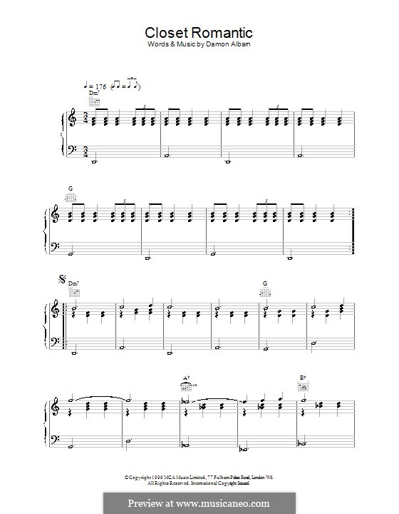 Closet Romantic (Blur): Für Stimme und Klavier (oder Gitarre) by Damon Albarn