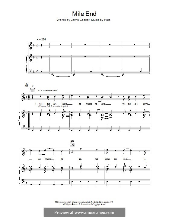Mile End (Pulp): Für Stimme und Klavier (oder Gitarre) by Jarvis Cocker