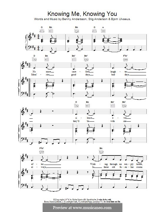 Knowing Me, Knowing You (ABBA): Für Stimme und Klavier (oder Gitarre) by Benny Andersson, Björn Ulvaeus, Stig Anderson