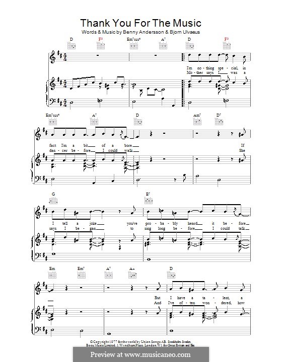 Thank You for the Music (ABBA): Für Stimme und Klavier (oder Gitarre) by Benny Andersson, Björn Ulvaeus