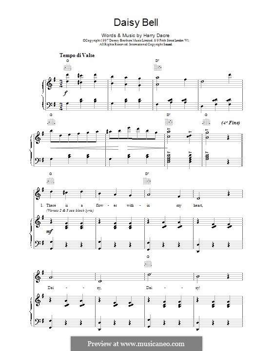 Daisy Bell (Bicycle Built for Two): Für Stimme und Klavier (oder Gitarre) by Harry Dacre